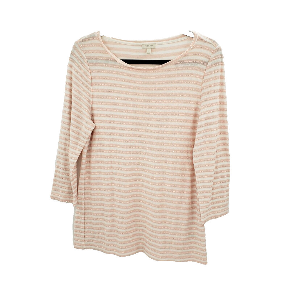 Talbots Medium Striped Sequin Sweater Womens Peach White 3/4 Sleeve Rayon Blend